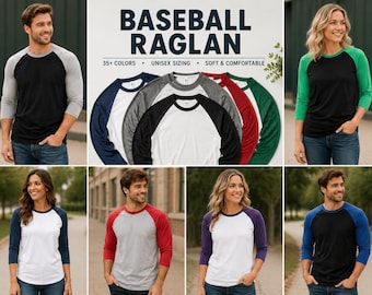 May include: A collection of baseball raglan shirts featuring three-quarter length sleeves in various colours including black, grey, red, green, blue, and purple. The text BASEBALL RAGLAN, 35+ COLORS, UNISEX SIZING, SOFT & COMFORTABLE is displayed.