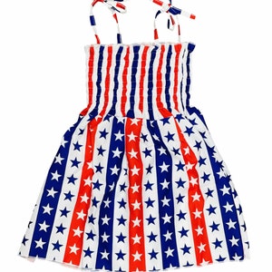 July 4th Stars & Stripes Ruched Girl&#39;s Dress | Kids Sundress | Holiday Summer Girl Dress | Stars Dress Girl&#39;s