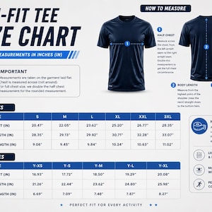 May include: A Dri-Fit tee size chart displaying a navy blue t-shirt from front and back views. It includes diagrams for measuring half chest, body length, and sleeve length in inches, alongside detailed tables for adult and youth sizes in inches.