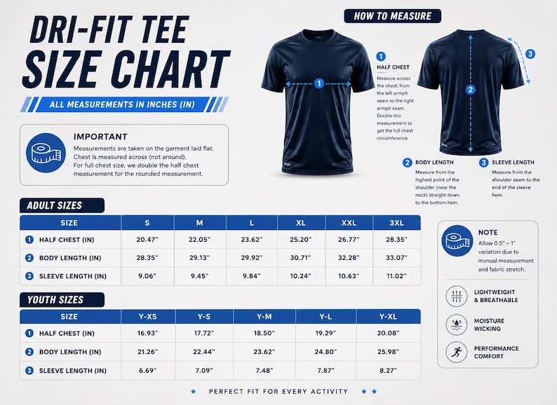 May include: A Dri-Fit tee size chart displaying a navy blue t-shirt from front and back views. It includes diagrams for measuring half chest, body length, and sleeve length in inches, alongside detailed tables for adult and youth sizes in inches.