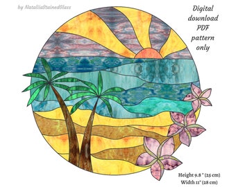 Hawaii Sunset Stained Glass Pattern, DIY Suncatcher Landscape, Palm, Plumeria, Digital download