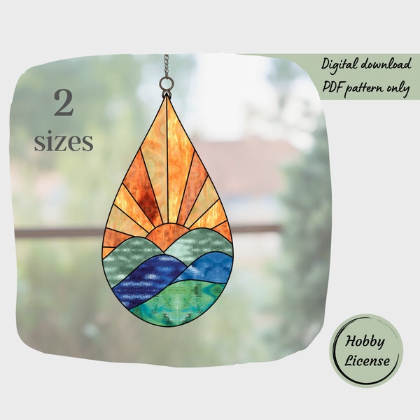 Zonsondergang glas in lood patroon, bergen glas in lood patroon, digitaal downloadpatroon, DIY Suncatcher Home Decor