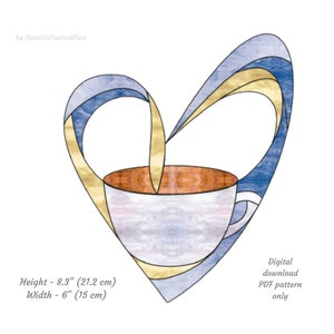 Cup of coffee Stained Glass Pattern, Heart Stained Glass Pattern, Digital Download Pattern, DIY Suncatcher, Coffee Lover Gift