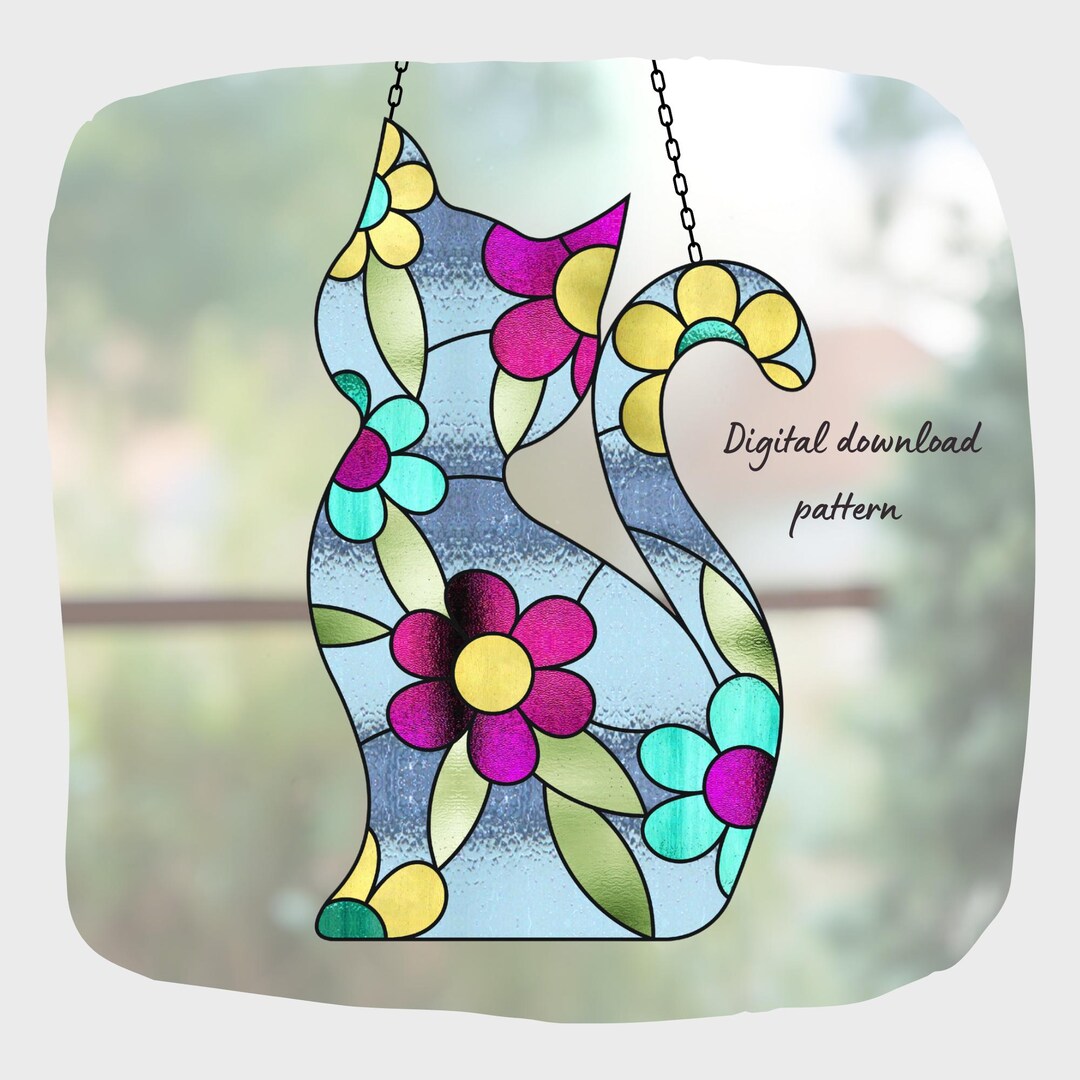 Cat Flower Stained Glass Pattern, Digital Download, DIY Suncatcher Home ...