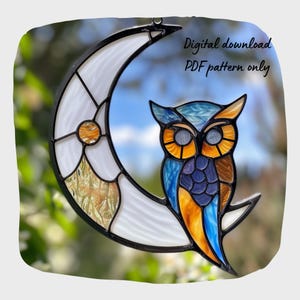Maan en uil glas-in-loodpatroon Digitaal downloadpatroon DIY-zonnevanger voor huisdecoratie