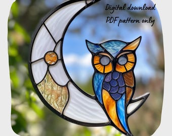 Moon and Owl Stained Glass Pattern Digital Downlod Pattern DIY Suncatcher for Home Decor