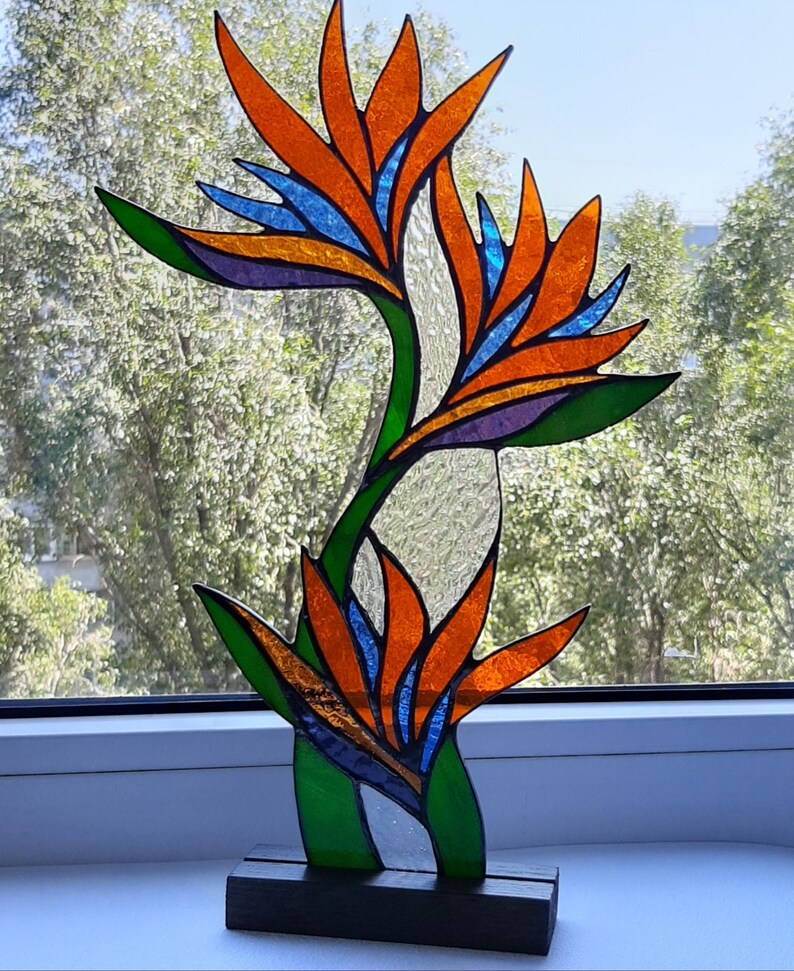 Bird of paradise stained glass window decor Flowers suncatcher Etsy