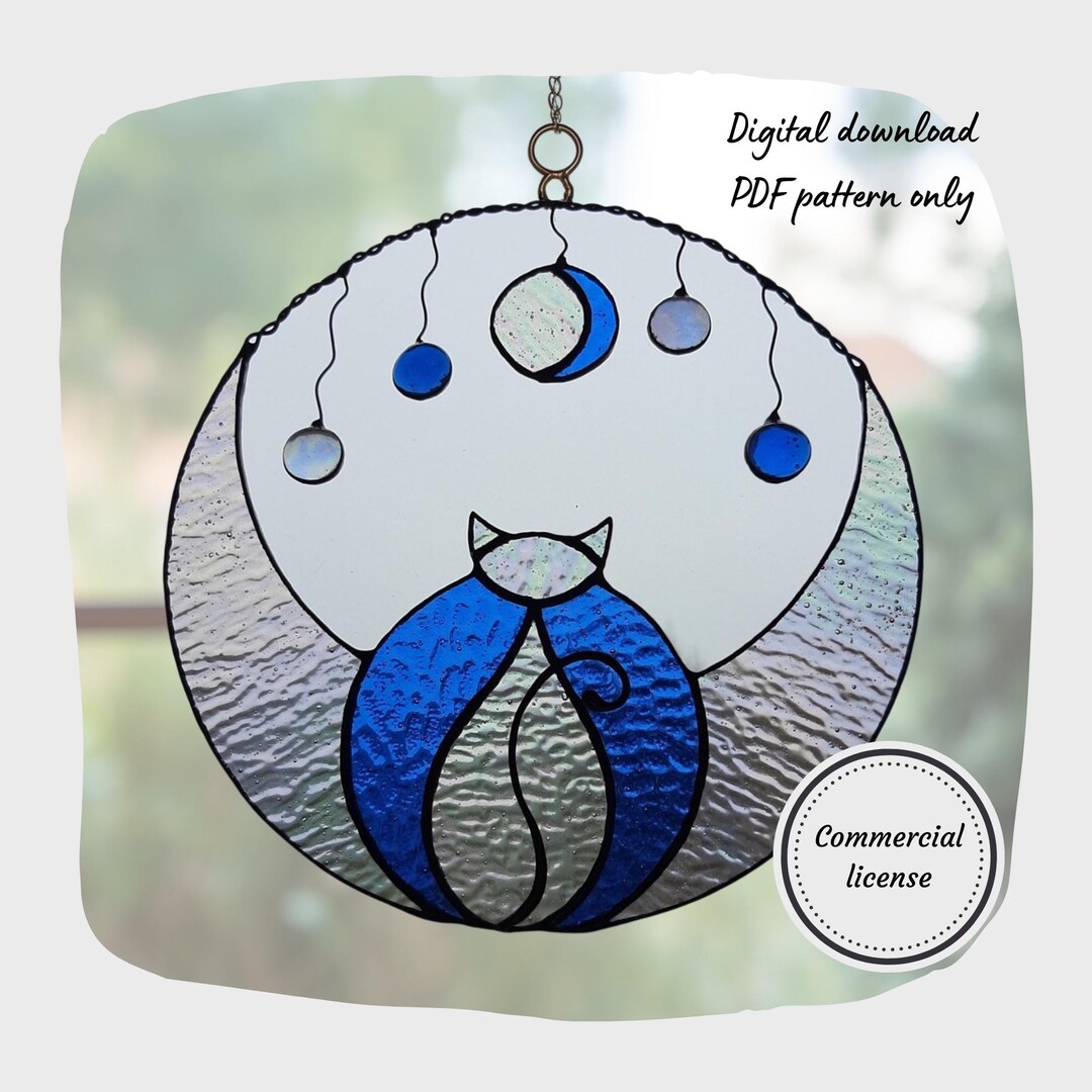 Cat Moon Stained Glass Pattern, Commercial License, Digital Download ...