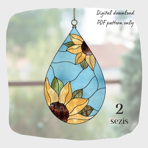 Sonnenblumen-Buntglasmuster, Blumen-Buntglasmuster, digitaler Download Muster, DIY Suncatcher Wohnkultur