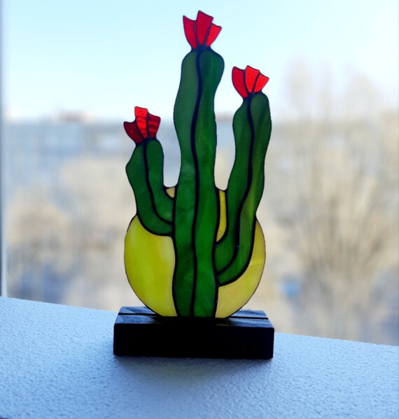 Window hangings Cactus stained glass suncatcher Birthday gifr for father Stained glass decor