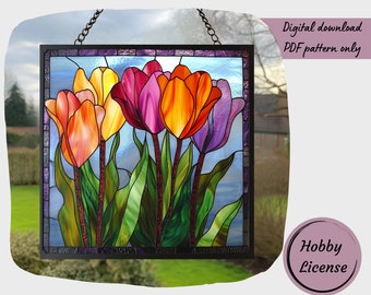 Tulip Stained Glass Pattern, Flower Stained Glass Pattern, Digital Download Pattern, DIY Suncatcher Home Decor