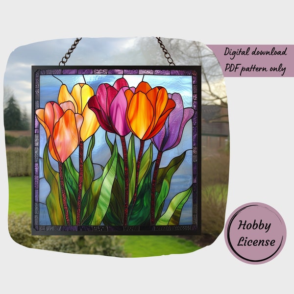 Patrón de vidrieras de tulipán, patrón de vidrieras de flores, patrón de descarga digital, decoración del hogar DIY Suncatcher