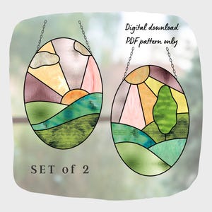 Valley Landscape Stained Glass Pattern, Digital Download, DIY Suncatcher Home Decor