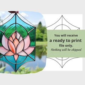May include: A stained glass window design featuring a pink lotus flower with green and blue accents. The design is ready to print and includes instructions for creating a stained glass window.