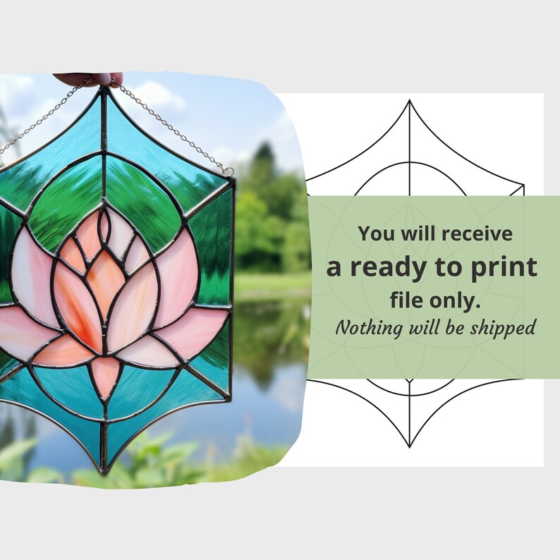 May include: A stained glass window design featuring a pink lotus flower with green and blue accents. The design is ready to print and includes instructions for creating a stained glass window.