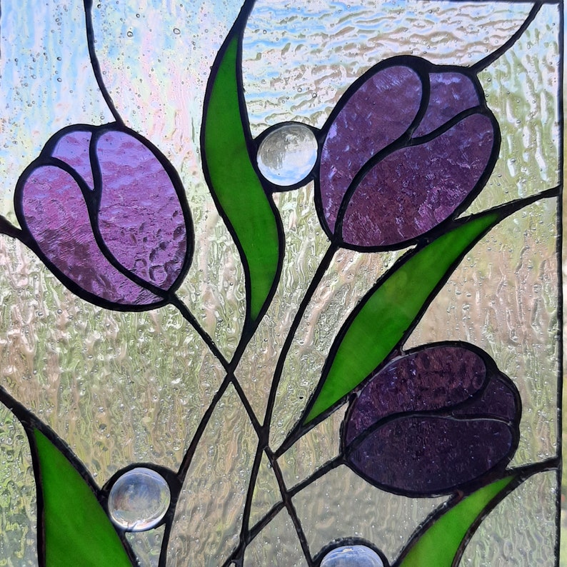 Purple tulips stained glass window decor Suncatcher flower Etsy
