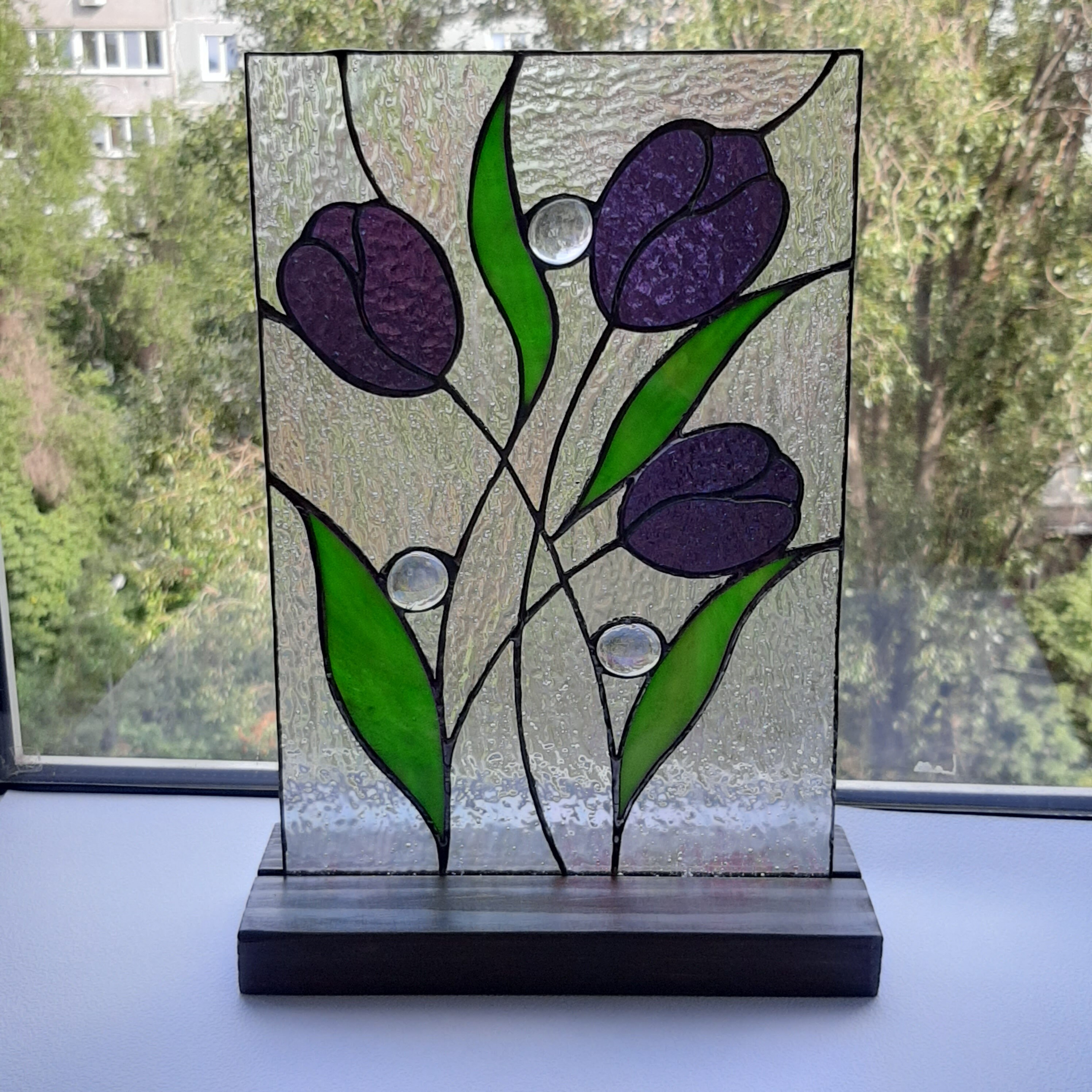 Purple tulips stained glass window decor Suncatcher flower Etsy