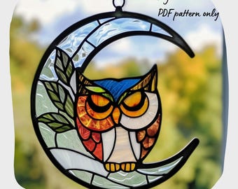 Owl & Moon Stained Glass Pattern, DIY Suncatcher (PDF Download)