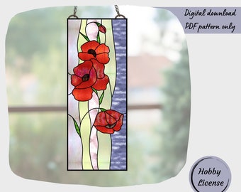 Mohnblumen-Buntglasmuster, Blumenmalerei-Glasmuster, digitaler Download Muster, DIY Suncatcher Wohnkultur