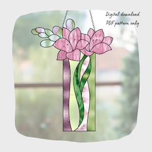 May include: A stained glass pattern of pink flowers in a vase. The pattern is for a digital download and is available in PDF format only.  Digital download PDF pattern only.