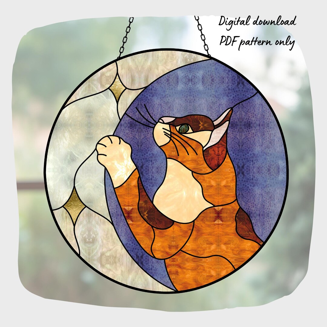 Cat and Moon Stained Glass Pattern, Digital Download, DIY Suncatcher ...