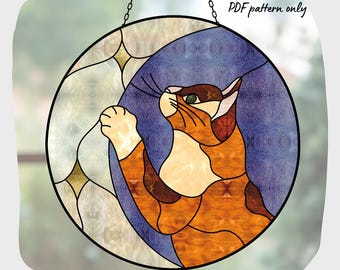 Patrón de vitral con forma de gato y luna, descarga digital, decoración casera con atrapasol