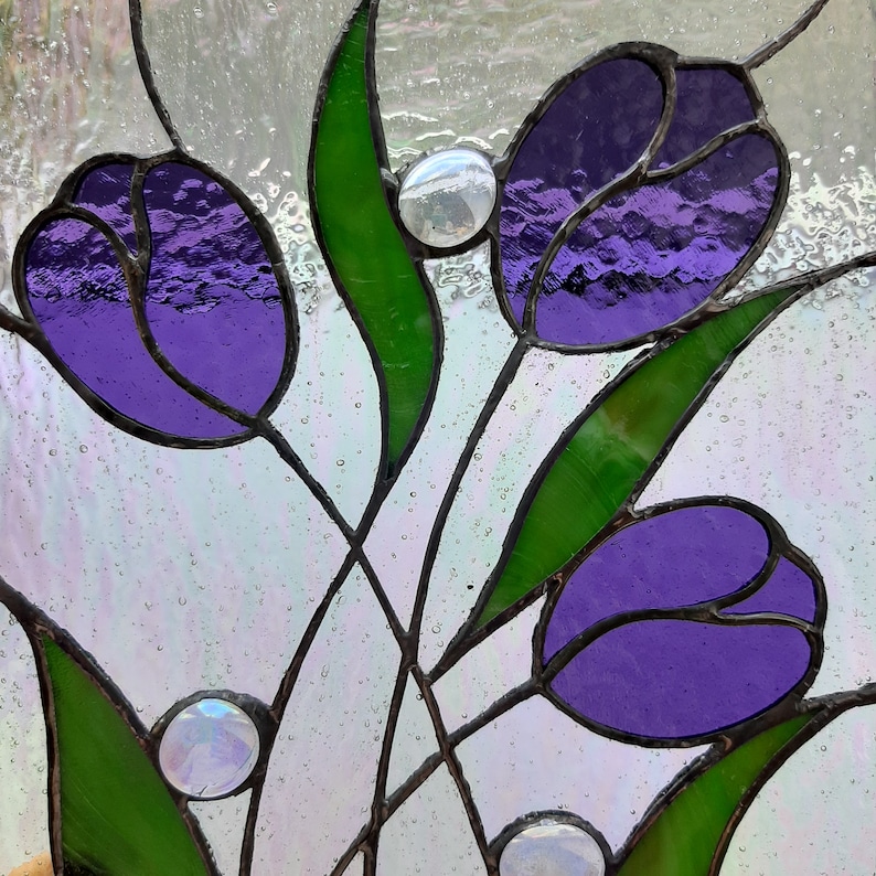 Purple tulips stained glass window decor Suncatcher flower Etsy