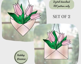 Tulpen-Buntglasmuster, Herz-Buntglasmuster, Blumen-Buntglasmuster, digitaler Download-Muster, DIY-Sonnenfänger-Wohnkultur