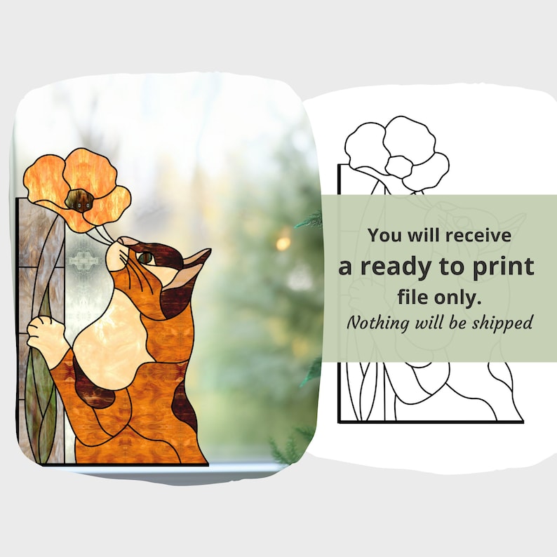 Op de afbeelding: Een glas-in-loodontwerp met een kat die aan een bloem snuffelt. Het ontwerp is in tinten oranje, bruin en wit. De afbeelding bevat de tekst "You will receive a ready to print file only. Nothing will be shipped."