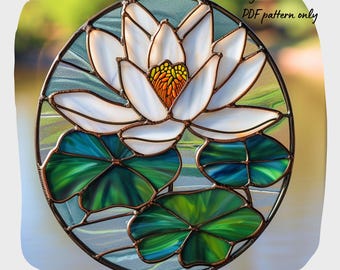 Lotus Stained Glass Pattern, Water Lily Suncatcher DIY (PDF Pattern)