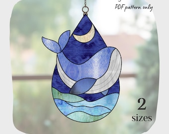 May include: A stained glass pattern of a whale swimming in the ocean with a crescent moon in the background. The pattern is available in two sizes and is a digital download in PDF format.