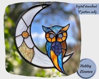 Moon and Owl Stained Glass Pattern Digital Downlod Pattern DIY Suncatcher for Home Decor