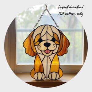 Dog Stained Glass Pattern, Puppy Stained Glass Pattern, Digital Download Pattern, DIY Suncatcher Puppy Gold Retriever, Dog Lover Gift