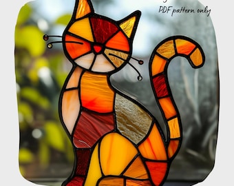 Gebrandschilderd glaspatroon kat Dier gebrandschilderd glaspatroon Digitale downloadpatroon DIY Suncatcher voor woondecoratie
