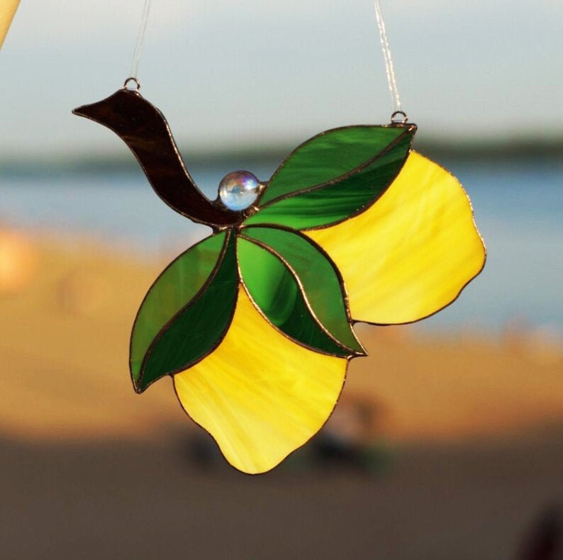 Stained glass lemon Yellow suncatcher window hanging Citrus decor