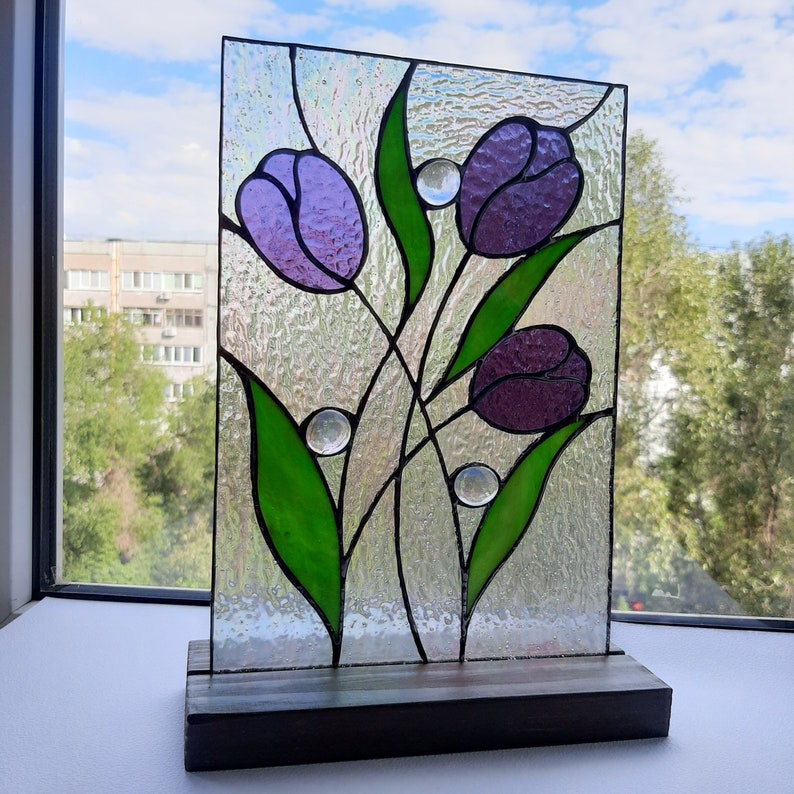 Purple tulips stained glass window decor Suncatcher flower | Etsy