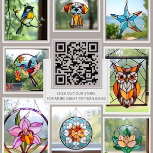 May include: A collection of stained glass window hangings featuring a variety of designs, including a bluebird, a puppy, a starfish, an owl, a flower, and a mandala. The designs are all colorful and intricate, and they would make a beautiful addition to any home.