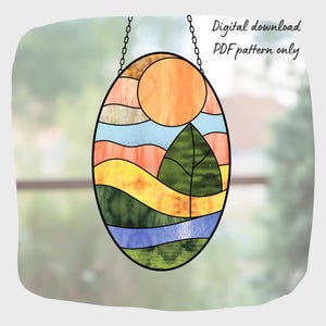 Landscape Stained Glass Pattern, Digital Download, DIY Sun catcher Home Decor, Housewarming Gift