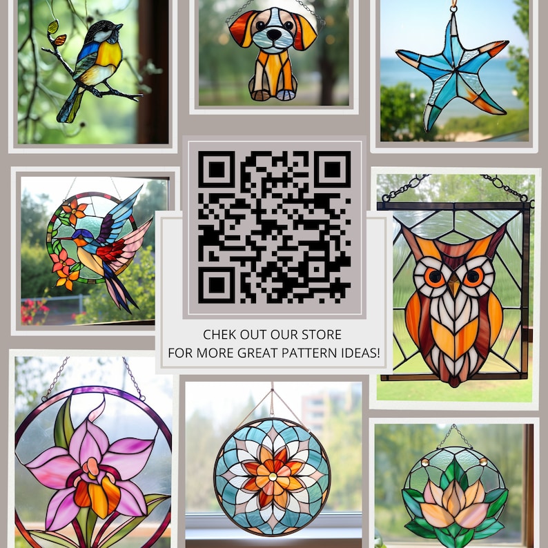 May include: A collection of stained glass window hangings featuring a variety of designs, including a bluebird, a puppy, a starfish, an owl, a flower, and a mandala. The designs are all colorful and intricate, and they would make a beautiful addition to any home.