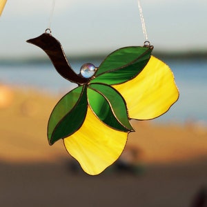 May include: A stained glass suncatcher featuring two yellow lemons with green leaves and a brown bird. The suncatcher is hanging from a clear string.