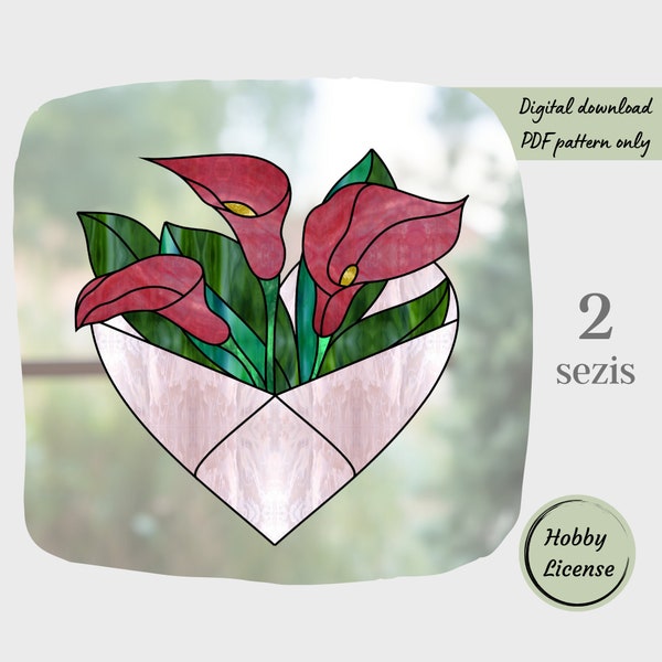 Heart Stained Glass Pattern, Calla Lily Stained Glass Pattern, Digital Download Pattern, DIY Suncatcher Home Decor