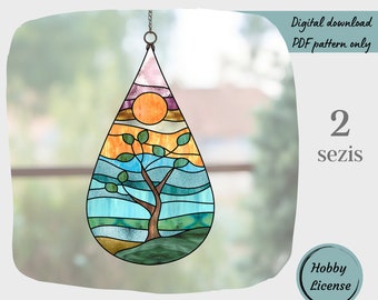 Landschafts-Buntglasmuster, Baum-Sonnenuntergang-Buntglasmuster, digitaler Download-Muster, DIY Suncatcher-Innendekor