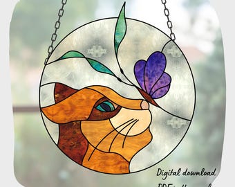 Cat Stained Glass Pattern, Digital Download, Animal DIY Suncatcher Home Decor