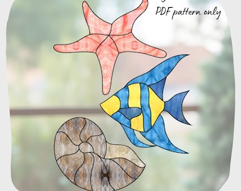 Estrella de mar, concha marina, patrón de vidrieras de pescado, descarga digital, decoración del hogar DIY Suncatcher