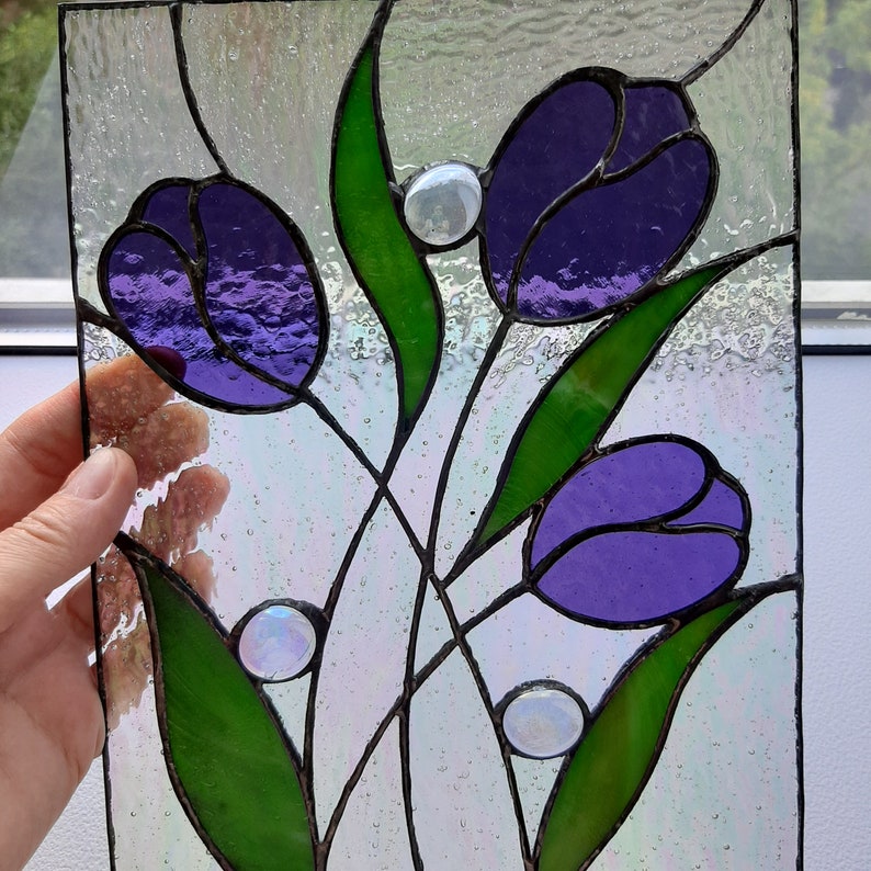 Purple tulips stained glass window decor Suncatcher flower Etsy