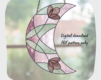 Moon Flower Stained Glass Pattern, Digital Download, DIY Suncatcher Home Decor