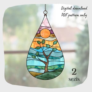 Landscape Stained Glass Pattern, Tree Sunset Stained Glass Pattern, Digital Download Pattern, DIY Suncatcher Home Decor