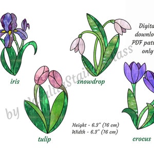 Beginners stained glass pattern flowers Digital download pattern Diy suncatcher tulip, snowdrop, crocus, iris Stained glass decor