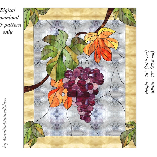 Grape Stained Glass Pattern Fall Stained Glass Pattern Digital Download Pattern DIY Suncatcher for Home Decor