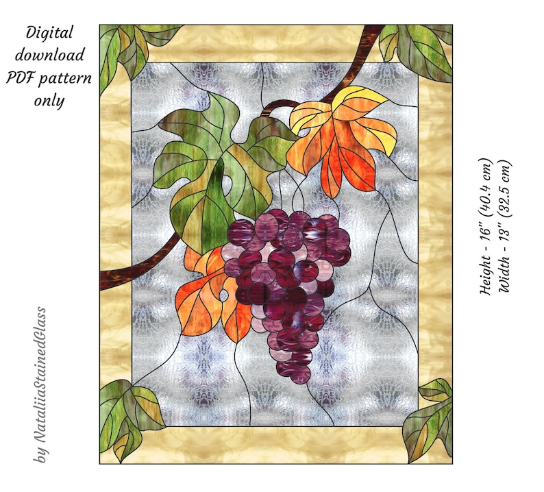 Motif vitrail raisin motif vitrail automne motif téléchargement numérique attrape-soleil bricolage pour décoration d'intérieur image 1